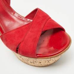Pre Owned Gianvito Rossi Size 40 Red Suede Cork Wedge Ankle Strap Sandals