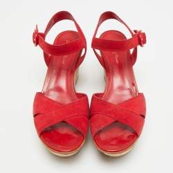 Pre Owned Gianvito Rossi Size 40 Red Suede Cork Wedge Ankle Strap Sandals