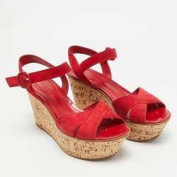 Pre Owned Gianvito Rossi Size 40 Red Suede Cork Wedge Ankle Strap Sandals