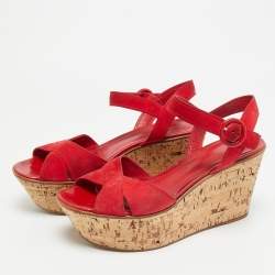 Pre Owned Gianvito Rossi Size 40 Red Suede Cork Wedge Ankle Strap Sandals