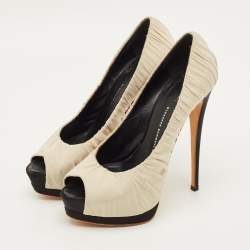 Pre Owned حذاء كعب عالي جيانفيتو روسي قماش بيدج بتصميم مجعد مقدمة مفتوحة و منصة مقاس 38.5