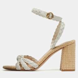 Pre Owned Gianvito Rossi Size 41.5 White Woven Leather Ankle Strap Block Heel Sandals