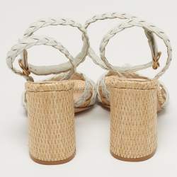 مملوكة مسبقًا Gianvito Rossi Size 41.5 White Woven Leather Ankle Strap Block Heel Sandals