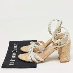 مملوكة مسبقًا Gianvito Rossi Size 41.5 White Woven Leather Ankle Strap Block Heel Sandals