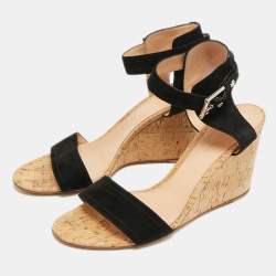 Pre Owned Gianvito Rossi Size 41 Black Suede Cork Wedge Sandals