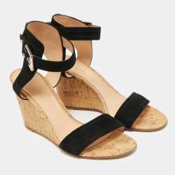 Pre Owned Gianvito Rossi Size 41 Black Suede Cork Wedge Sandals