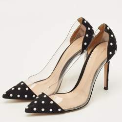 Pre Owned Gianvito Rossi Size 38.5 Black/White Studded Suede and PVC Plexi Pumps 