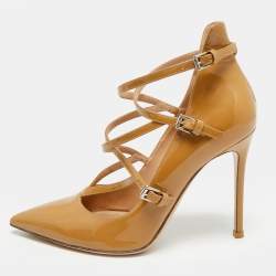 Pre Owned Gianvito Rossi Size 37.5 Beige Patent Leather Crisscross Pointed Toe Pumps