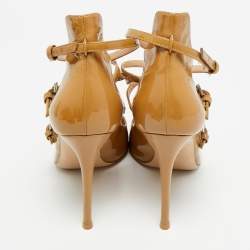 Pre Owned حذاء كعب عالي جيانفيتو روسي جلد لامع بيج متقاطعة بمقدمة مدببة مقاس 37.5