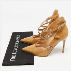 Pre Owned حذاء كعب عالي جيانفيتو روسي جلد لامع بيج متقاطعة بمقدمة مدببة مقاس 37.5