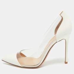 Pre Owned Gianvito Rossi Plexi Size 38 White/Transparent Patent Leather and PVC Pointed Toe Pumps