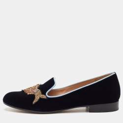مملوكة مسبقًا Gianvito Rossi x Mary Katrantzou Size 37 Navy Blue Velvet Fish Embroidered Slip On Loafers
