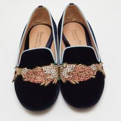 Pre Owned Gianvito Rossi x Mary Katrantzou Size 37 Navy Blue Velvet Fish Embroidered Slip On Loafers