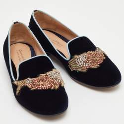 Pre Owned Gianvito Rossi x Mary Katrantzou Size 37 Navy Blue Velvet Fish Embroidered Slip On Loafers