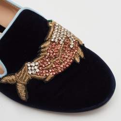 Pre Owned Gianvito Rossi x Mary Katrantzou Size 37 Navy Blue Velvet Fish Embroidered Slip On Loafers
