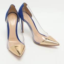 Pre Owned Gianvito Rossi Plexi Size 38.5 Blue/Gold PVC and Suede Pumps