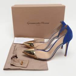 Pre Owned Gianvito Rossi Plexi Size 38.5 Blue/Gold PVC and Suede Pumps