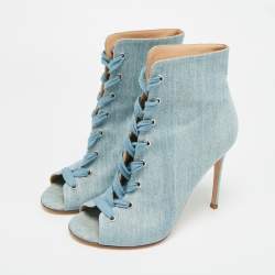 Pre Owned Gianvito Rossi Size 39 Blue Denim Lace Up Open Toe Ankle Length Boots