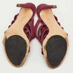 Pre Owned Gianvito Rossi Size 37.5 Burgundy Suede Open Toe Ankle Wrap Sandals