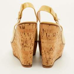 Pre Owned Gianvito Rossi Size 37 Light Yellow Patent Leather Cork Platform Wedge Slingback Sandals