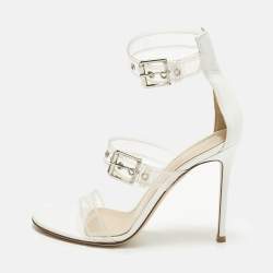مملوكة مسبقًا صندل جيانفيتو روسي جابي من البي في سي الشفاف والجلد الأبيض بحزام كاحل مقاس 39