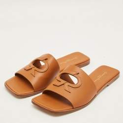 Pre Owned Gianvito Rossi Ribbon Size 41 Brown Leather Flat Slides