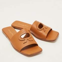 Pre Owned Gianvito Rossi Ribbon Size 41 Brown Leather Flat Slides