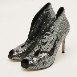 Pre Owned حذاء بوت فامب جيانفيتو روسي ساتان أسود مع ترتر مفتوح من الأمام مقاس 38