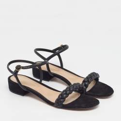 Pre Owned صندل جيانفيتو روسي كروز جلد مضفر أسود مسطح مقاس 40.5