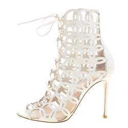 Gianvito Rossi White Cutout Leather Lace Up Peep Toe Sandals Size 37