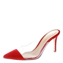 Pre Owned Gianvito Rossi Red Suede and PVC Plexi Pointed Toe Mule Sandals Size 37.5