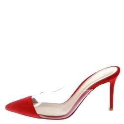 Pre Owned Gianvito Rossi Red Suede and PVC Plexi Pointed Toe Mule Sandals Size 37.5