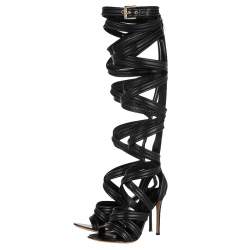 Pre Owned Gianvito Rossi Black Leather Gladiator Knee Length Sandals Size 36
