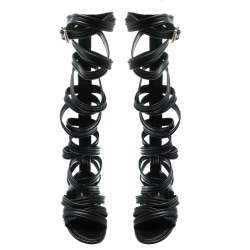 Pre Owned Gianvito Rossi Black Leather Gladiator Knee Length Flat Sandals Size 35