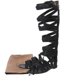 Pre Owned Gianvito Rossi Black Leather Gladiator Knee Length Flat Sandals Size 35