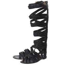 Pre Owned Gianvito Rossi Black Leather Gladiator Knee Length Flat Sandals Size 35