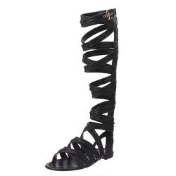 Gianvito Rossi Black Leather Gladiator Knee Length Flat Sandals Size 35