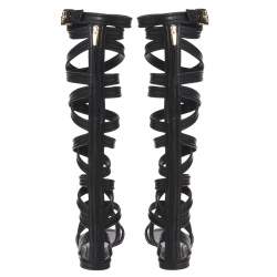 Pre Owned Gianvito Rossi Black Leather Gladiator Knee Length Flat Sandals Size 35