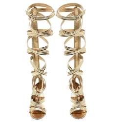 Pre Owned Gianvito Rossi Gold Leather Gladiator Knee High Sandals Size 38