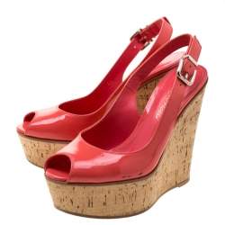 Pre Owned  Gianvito Rossi Pink Patent Leather Slingback Wedge Sandals Size 35