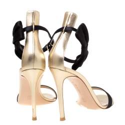 Pre Owned Gianvito Rossi Metallic Gold Leather And Black Satin Bow Detail Ankle Strap Open Toe Sandals Size 36