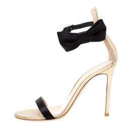 Pre Owned Gianvito Rossi Metallic Gold Leather And Black Satin Bow Detail Ankle Strap Open Toe Sandals Size 36