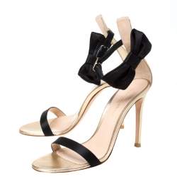 Pre Owned Gianvito Rossi Metallic Gold Leather And Black Satin Bow Detail Ankle Strap Open Toe Sandals Size 36