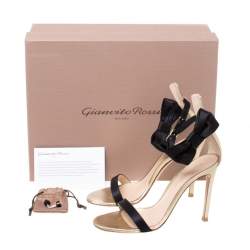 Pre Owned Gianvito Rossi Metallic Gold Leather And Black Satin Bow Detail Ankle Strap Open Toe Sandals Size 36