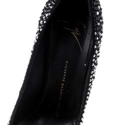 Pre Owned Giuseppe Zanotti Black Crystal Embellished Peep Toe Platform Pumps Size 38.5