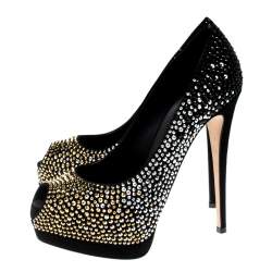 Pre Owned Giuseppe Zanotti Black Crystal Embellished Peep Toe Platform Pumps Size 38.5