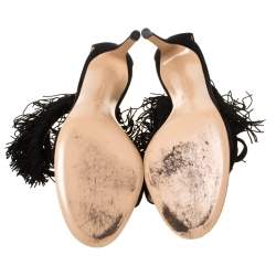Pre Owned Gianvitto Rossi Black Suede Olivia Fringe Ankle Wrap Sandals Size 40