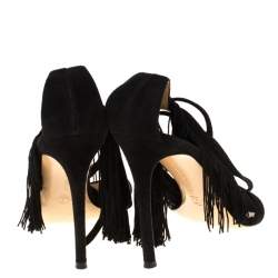 Pre Owned Gianvitto Rossi Black Suede Olivia Fringe Ankle Wrap Sandals Size 40