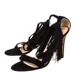 Pre Owned Gianvitto Rossi Black Suede Olivia Fringe Ankle Wrap Sandals Size 40