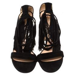 Pre Owned Gianvitto Rossi Black Suede Olivia Fringe Ankle Wrap Sandals Size 40